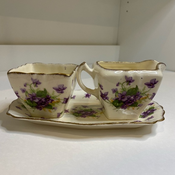 Vtg James Kent Bone China Cream, Sugar and Tray to Hold Both Purple Flowers - Picture 5 of 14